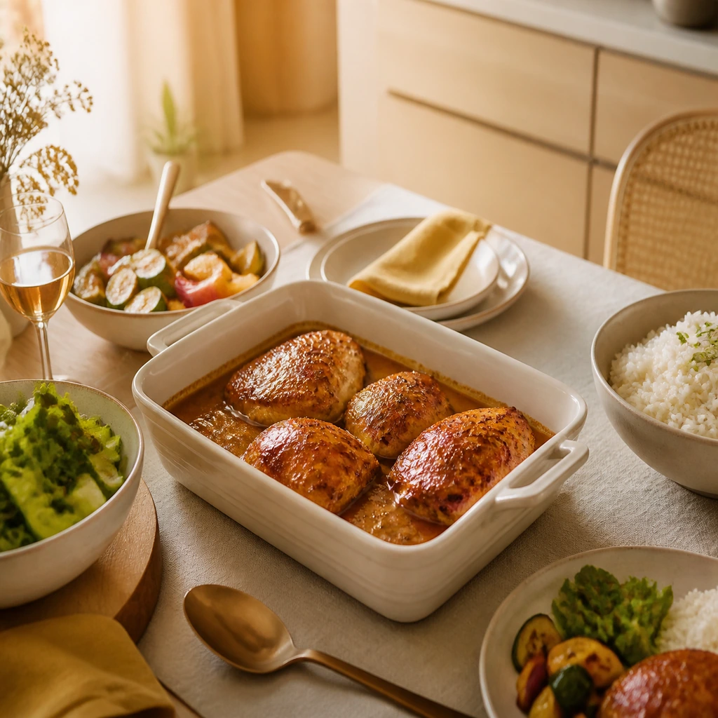 Family-style Dijon maple baked chicken with rice vegetables and green salad