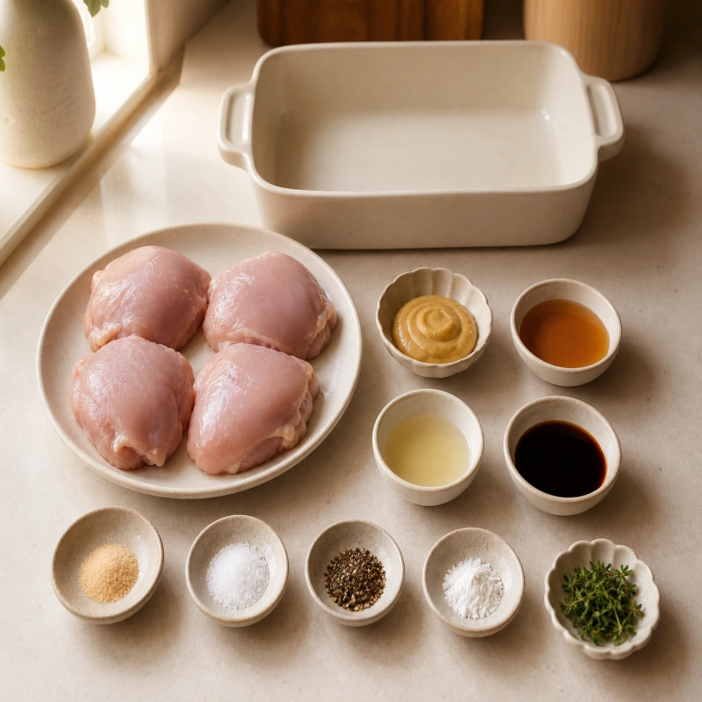 Four raw chicken thighs and measured Dijon maple vinegar soy sauce seasonings cornstarch and herbs