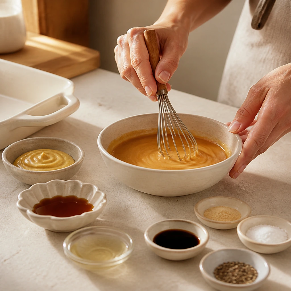 Golden Dijon maple sauce whisked smooth in an off-white bowl
