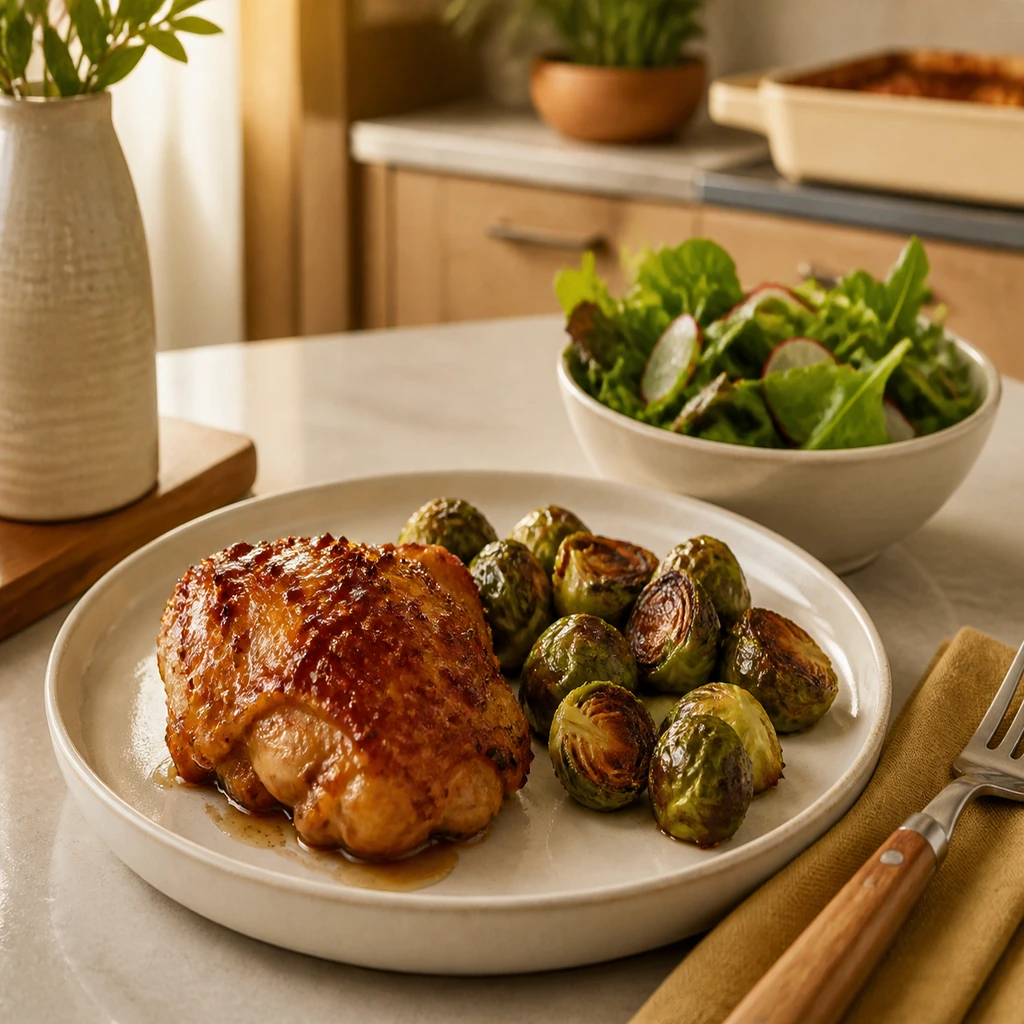 Glazed chicken paired with roasted Brussels sprouts and crisp green salad