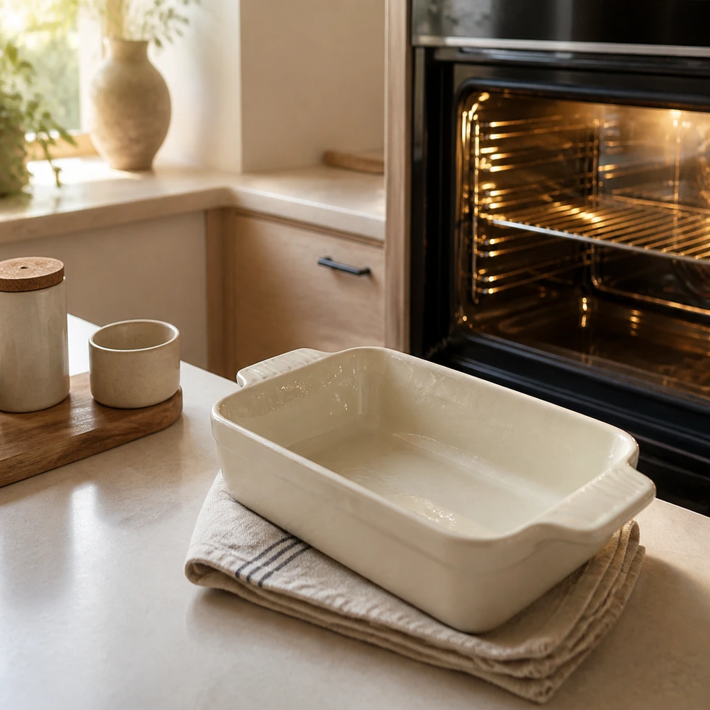 Lightly greased ivory baking dish beside a preheated oven