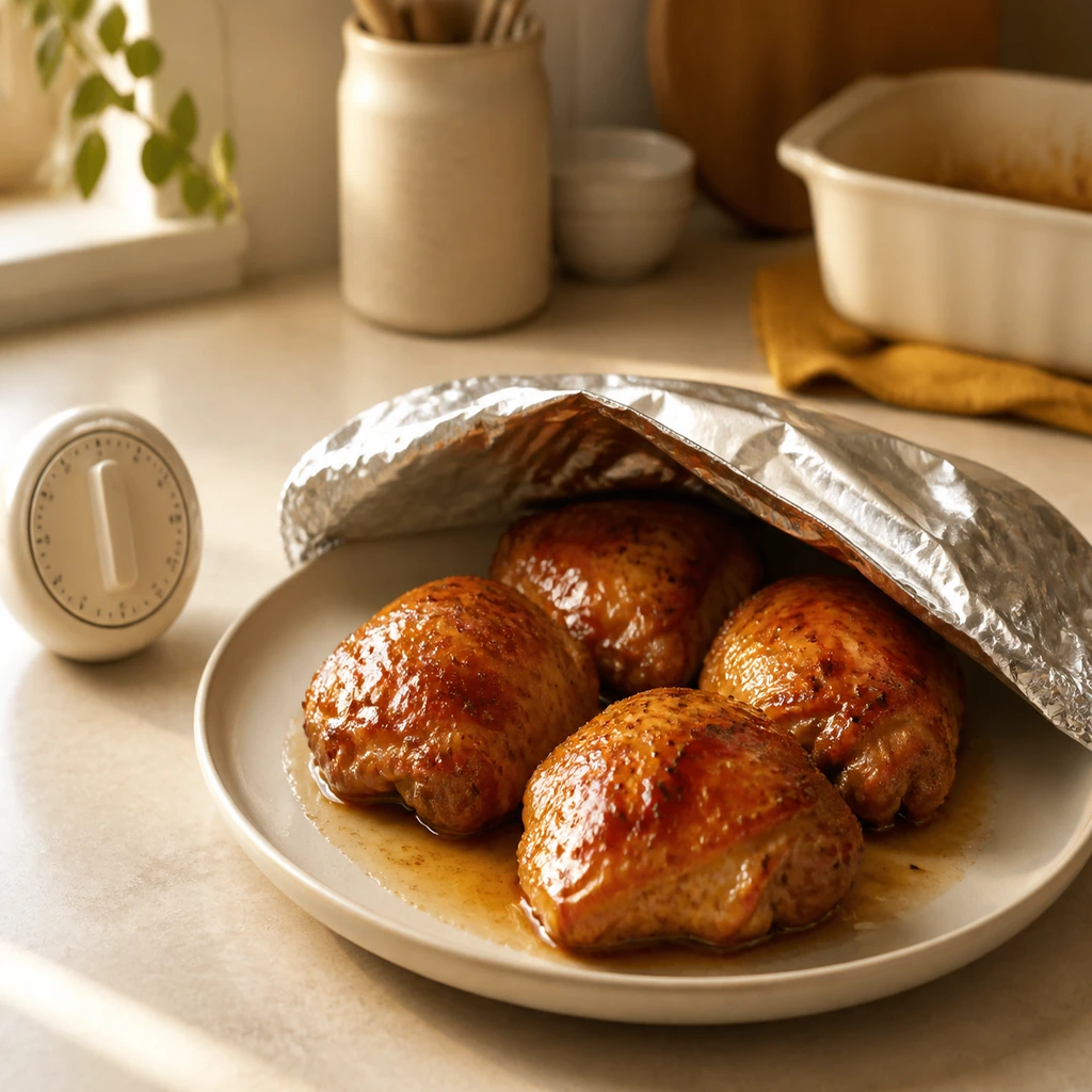 Four cooked glazed chicken thighs resting under loosely tented foil