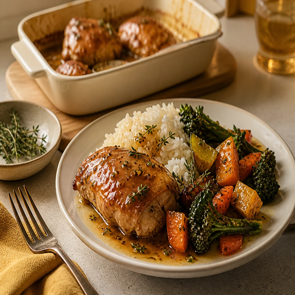 Glazed baked chicken served with steamed rice and roasted vegetables