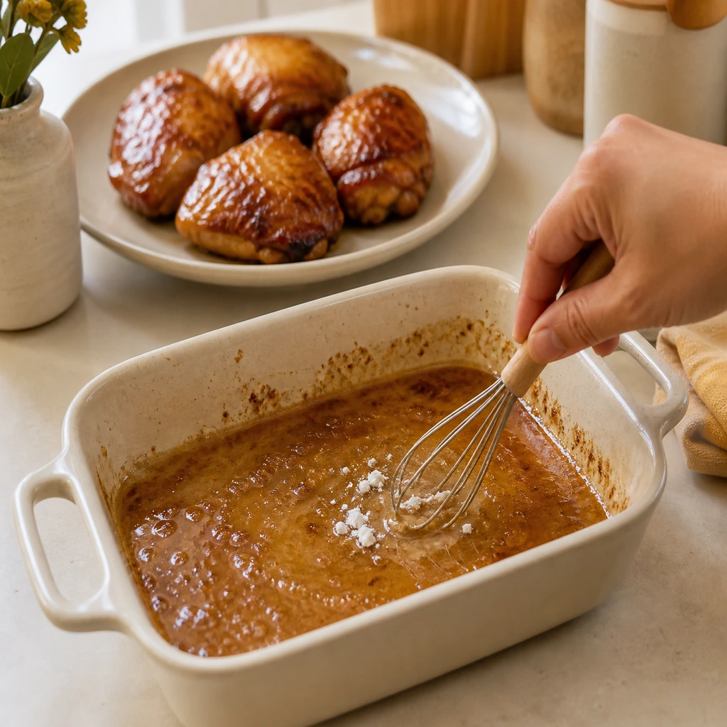 Cornstarch whisked into hot pan juices after cooked chicken is removed