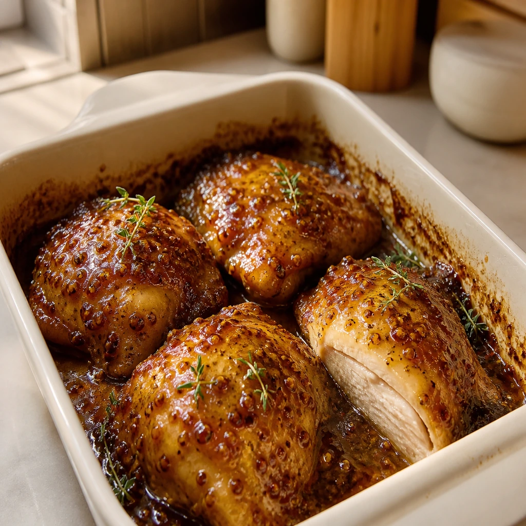 Four glazed baked chicken thighs with one cut open in a ceramic dish