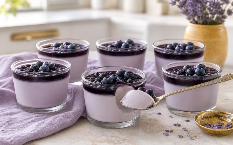 Six honey lavender panna cotta cups with blueberry compote and a spoonful ready to taste.