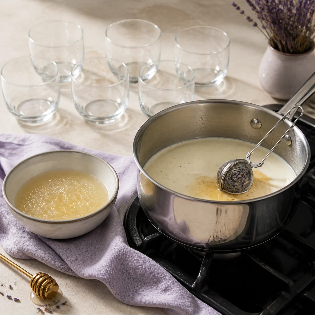 Gelatin blooming beside warm cream infused with culinary lavender.