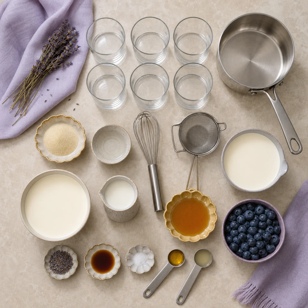 Gelatin, cream, milk, honey, culinary lavender, blueberries, lemon, and six clear glasses.