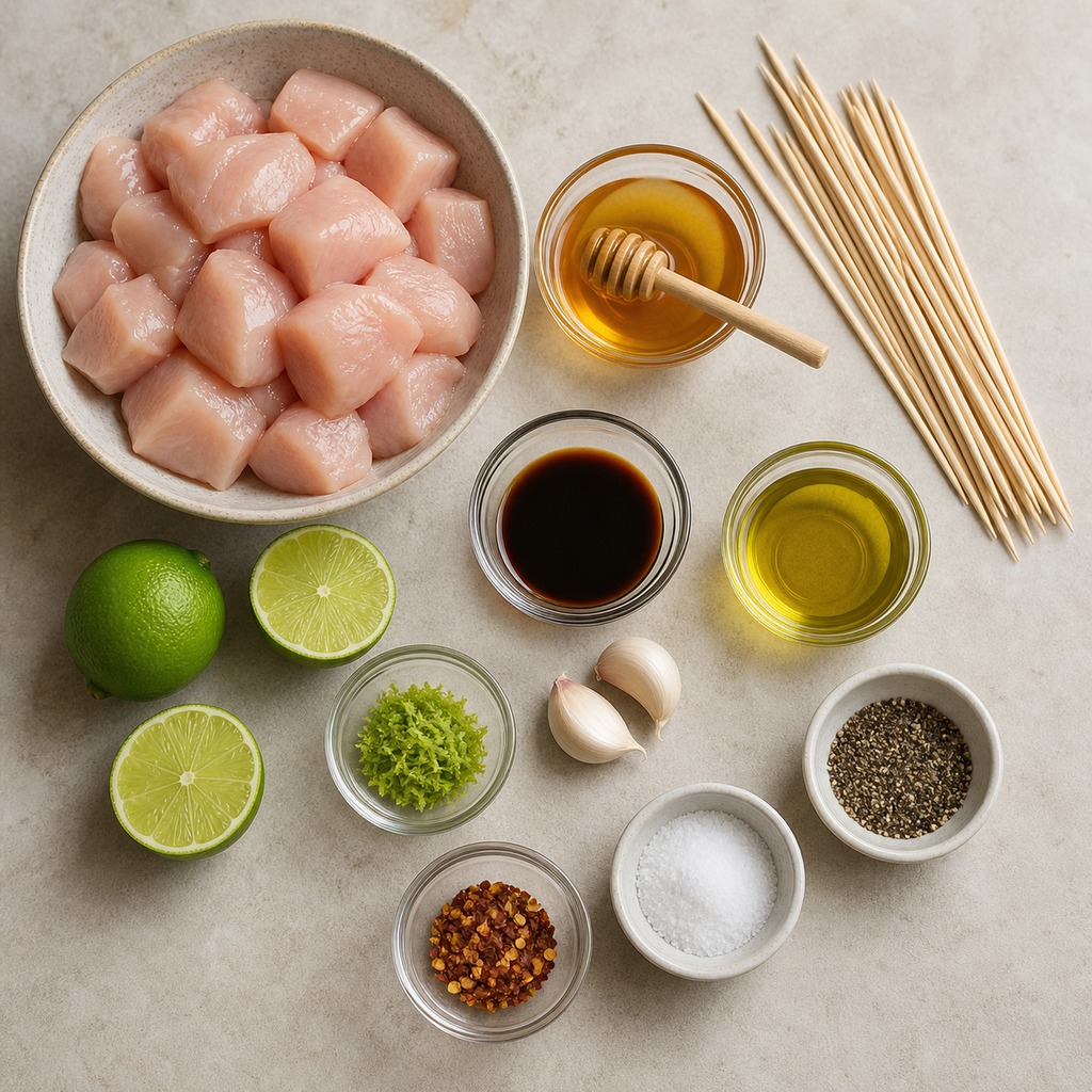 Honey lime chicken skewer ingredients arranged separately on a kitchen counter