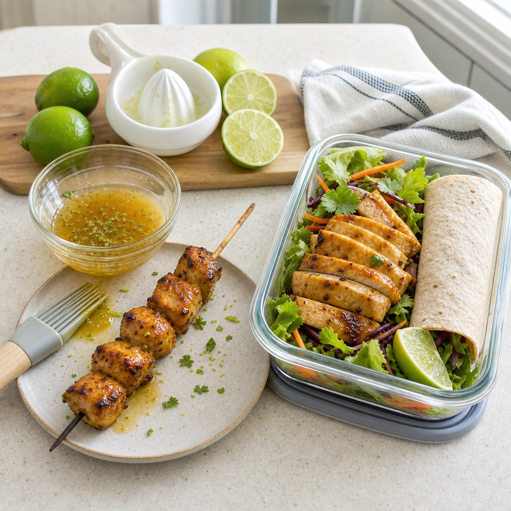 Fresh lime honey glaze and leftover cooked chicken prepared for a wrap and salad
