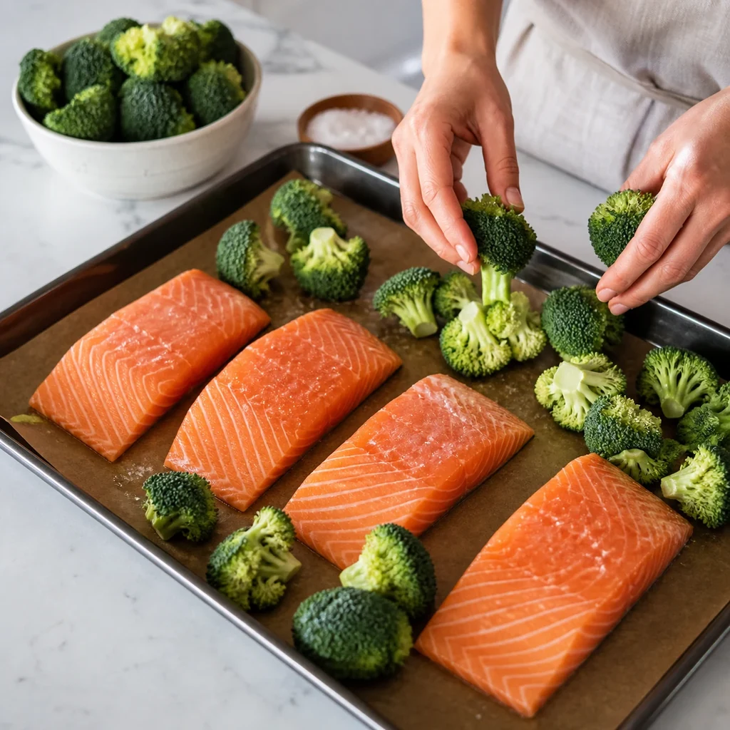 Fresh broccoli florets being arranged around raw salmon fillets on a sheet pan