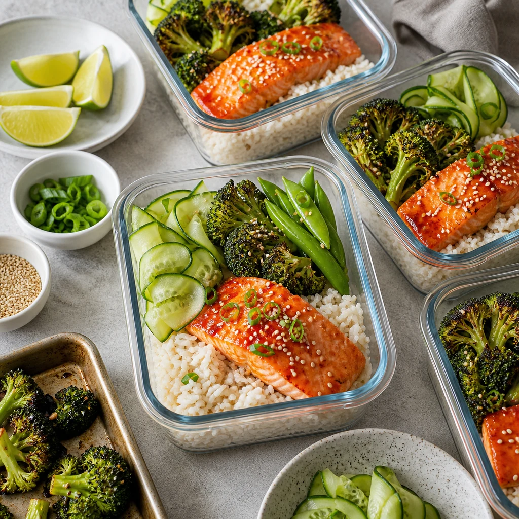 Honey sriracha salmon meal prep containers being assembled with rice vegetables lime and sesame