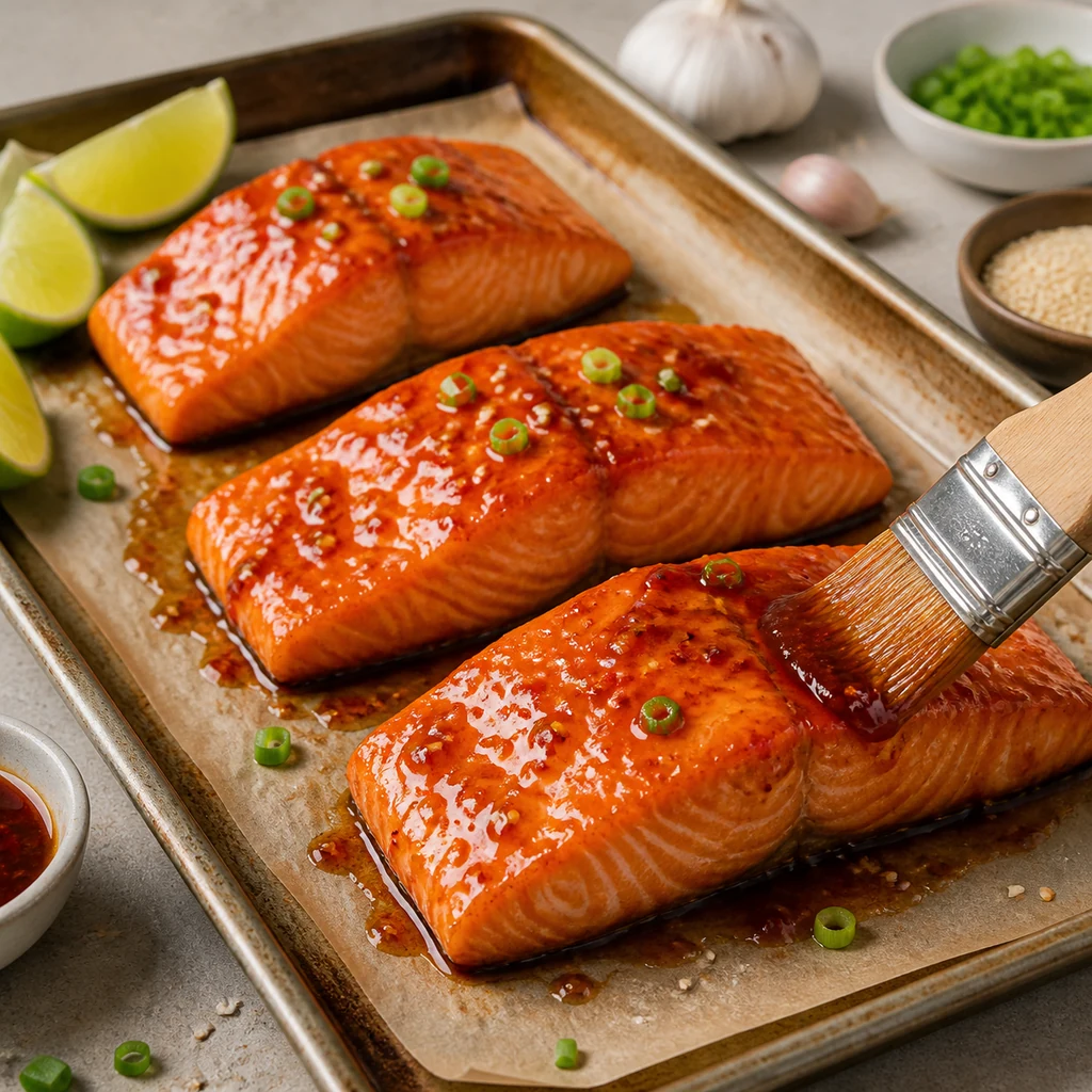 Honey sriracha glaze being brushed over salmon fillets on a parchment lined sheet pan