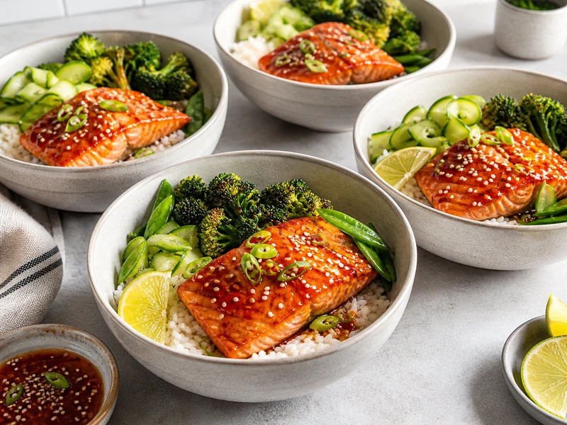 Honey sriracha glazed salmon meal prep bowls with rice broccoli snap peas cucumber lime sesame and scallions
