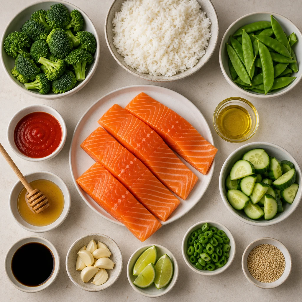 Ingredients for honey sriracha glazed salmon meal prep arranged on a pale counter
