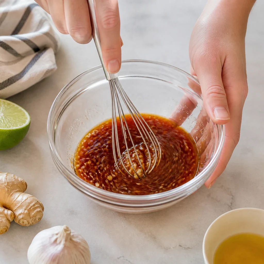 Honey sriracha glaze being whisked with lime garlic ginger soy sauce and olive oil
