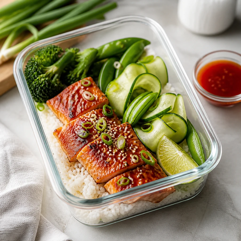 Honey sriracha salmon meal prep container with rice broccoli snap peas cucumber lime scallions sesame and glaze cup