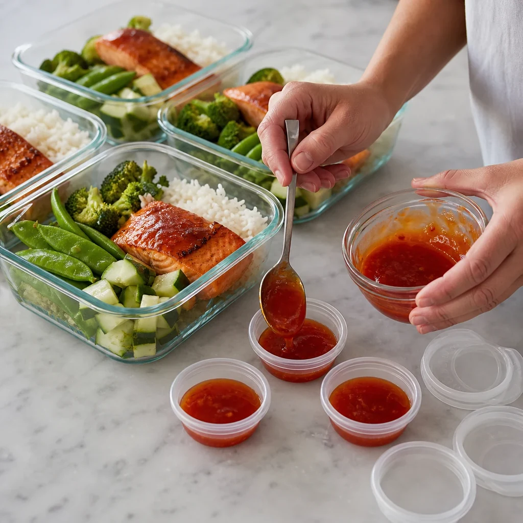 Extra honey sriracha glaze being portioned into small sauce cups beside salmon meal prep containers