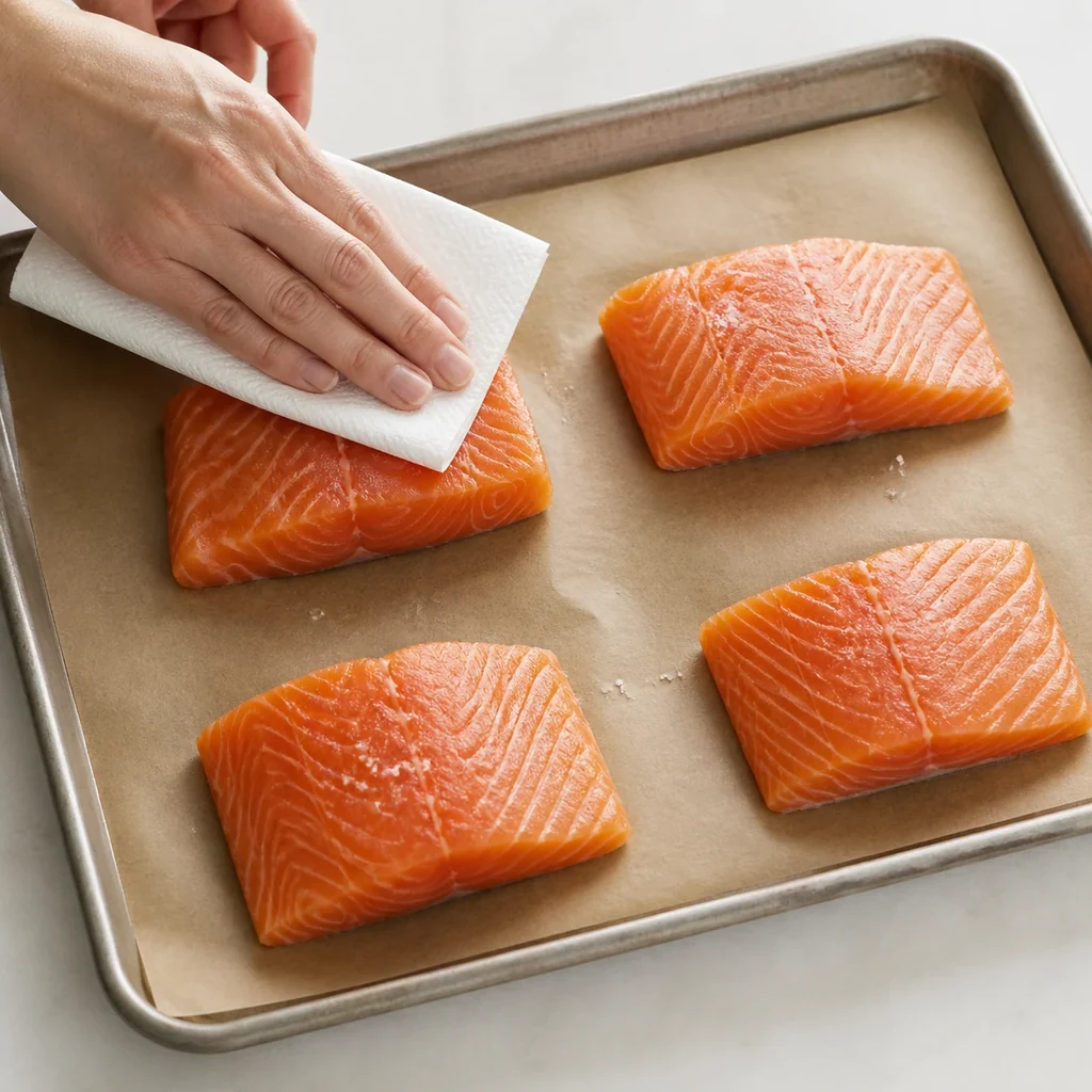 Raw salmon fillets being patted dry and seasoned on a parchment lined sheet pan