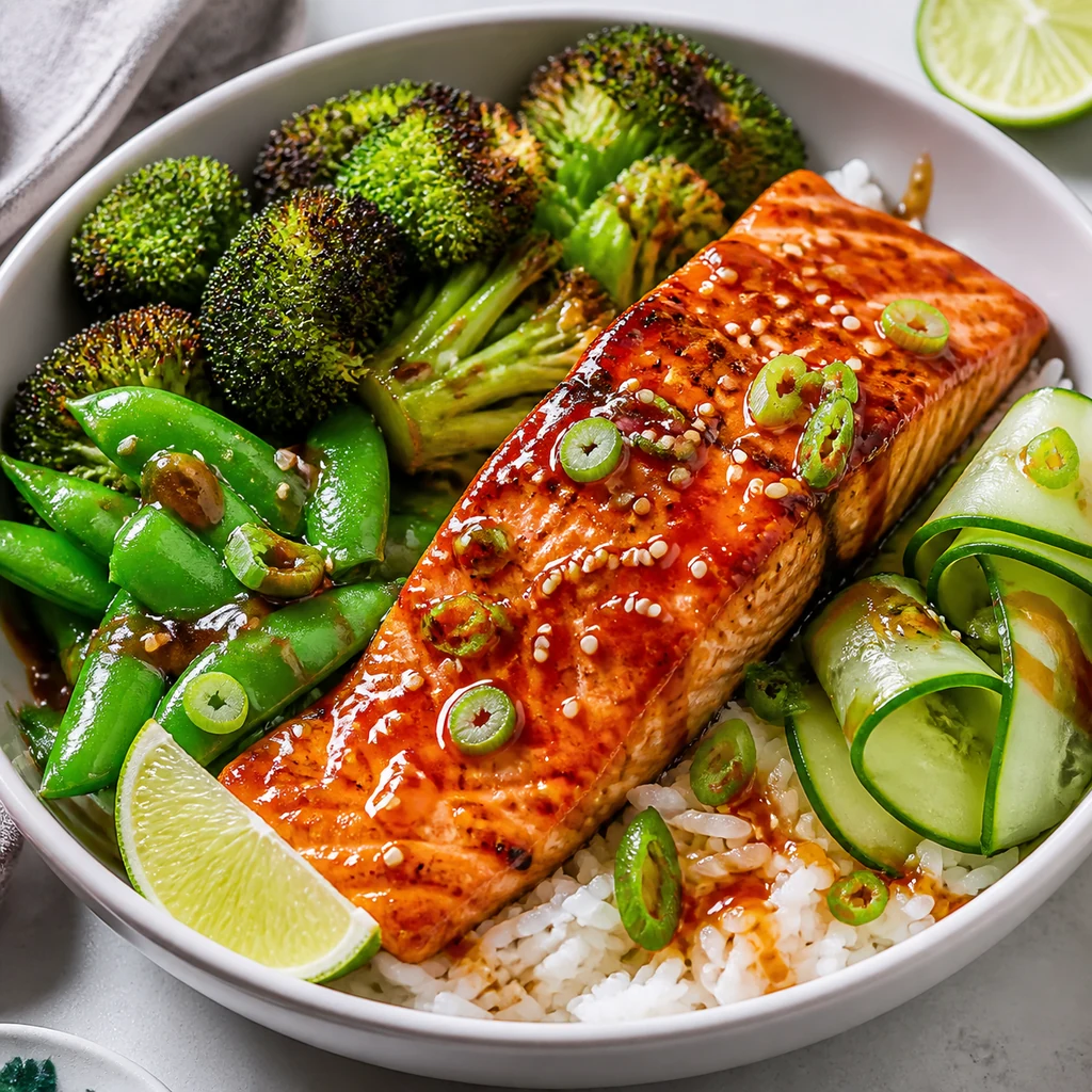 Final honey sriracha glazed salmon bowl with rice broccoli cucumber snap peas scallions sesame lime and extra glaze