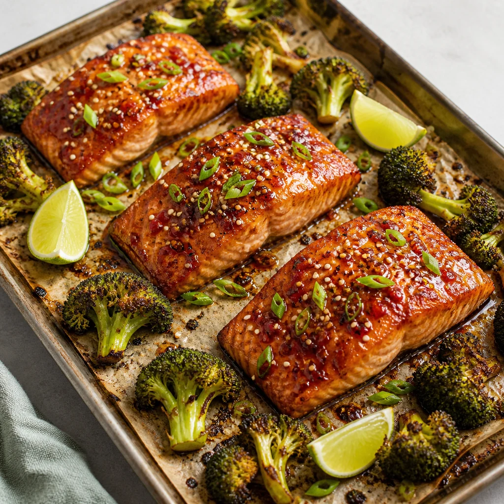 Baked honey sriracha salmon with roasted broccoli sesame scallions and lime on a sheet pan