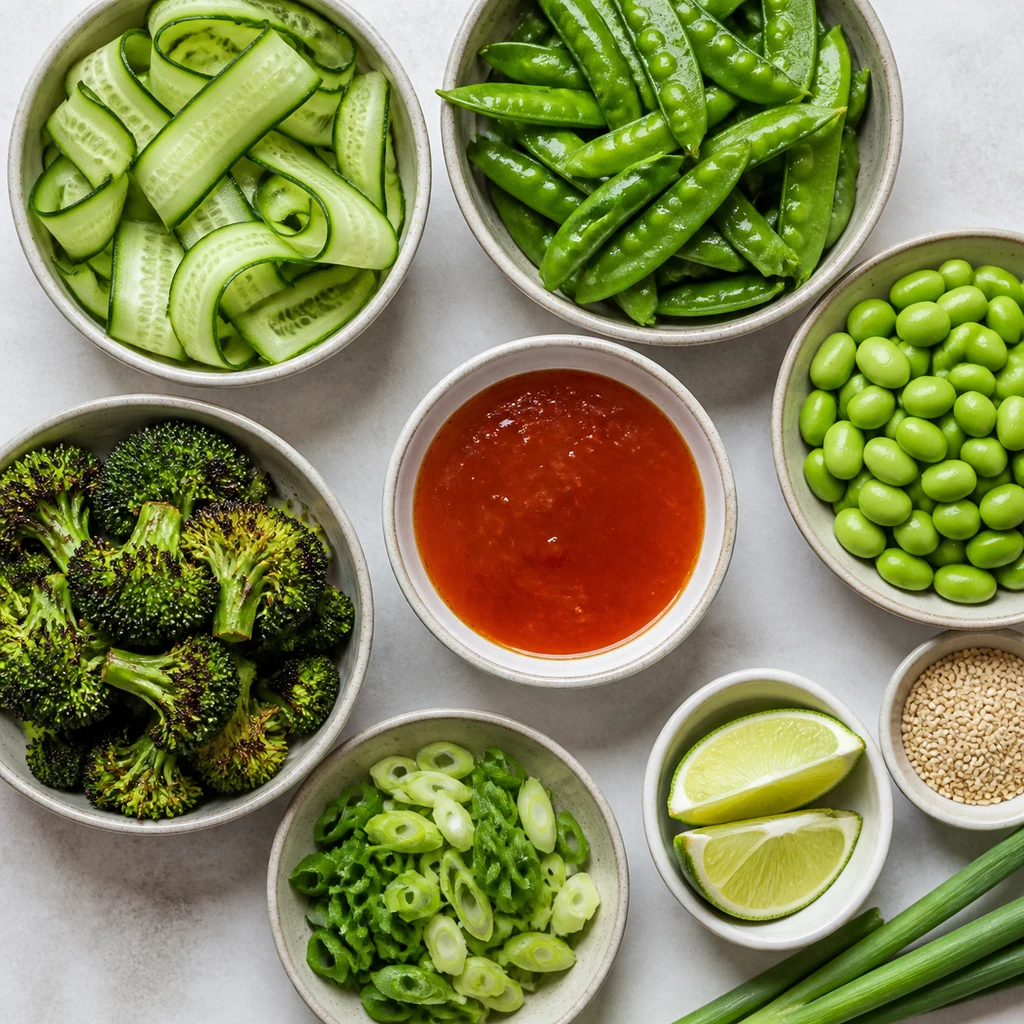 Fresh sides for honey sriracha salmon meal prep with cucumber ribbons snap peas broccoli edamame scallions lime sesame and sauce