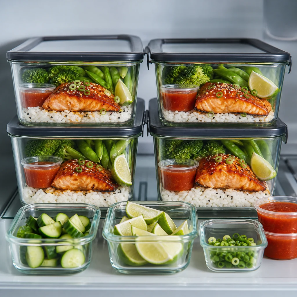 Honey sriracha salmon meal prep stored in sealed glass containers with sauce cups lime cucumber and scallions