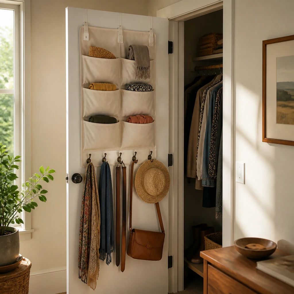 Small closet door using shallow storage for scarves belts and light accessories