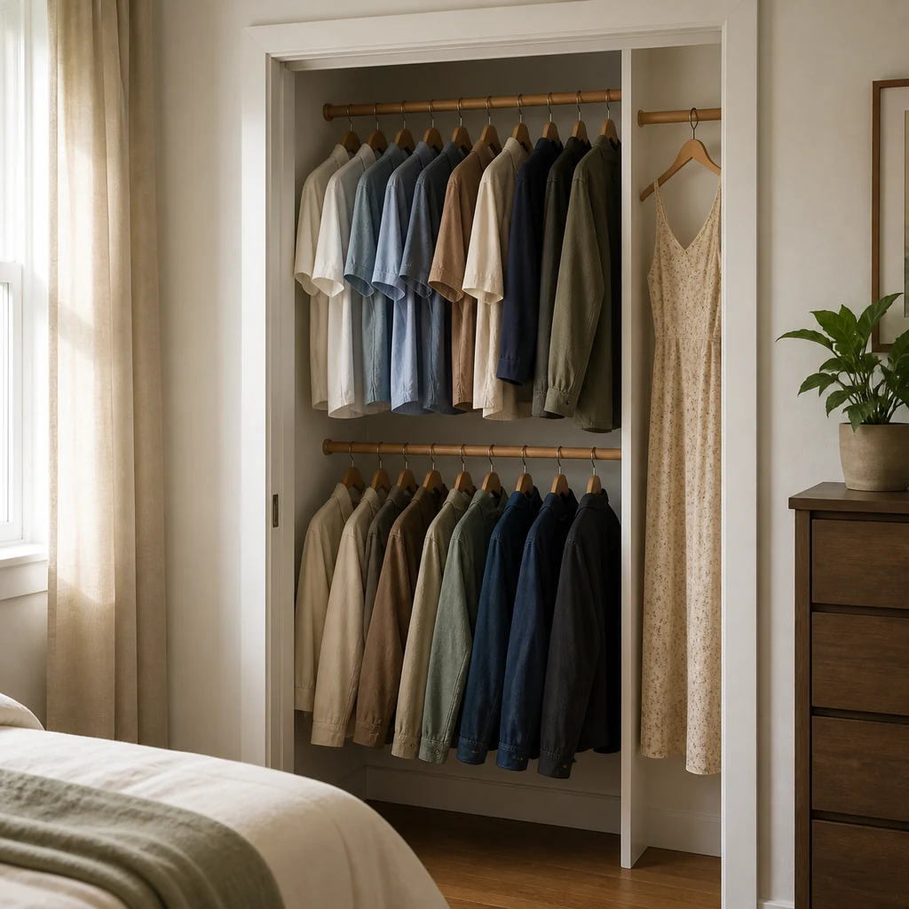Compact closet using two sturdy rods for neatly spaced short garments