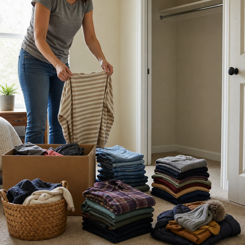 Homeowner sorting clothing beside an empty small closet