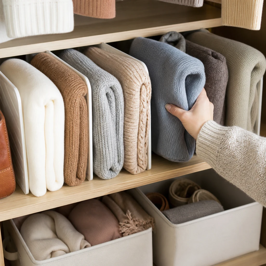 Sweaters and small accessories organized in flexible closet bins and shelf dividers