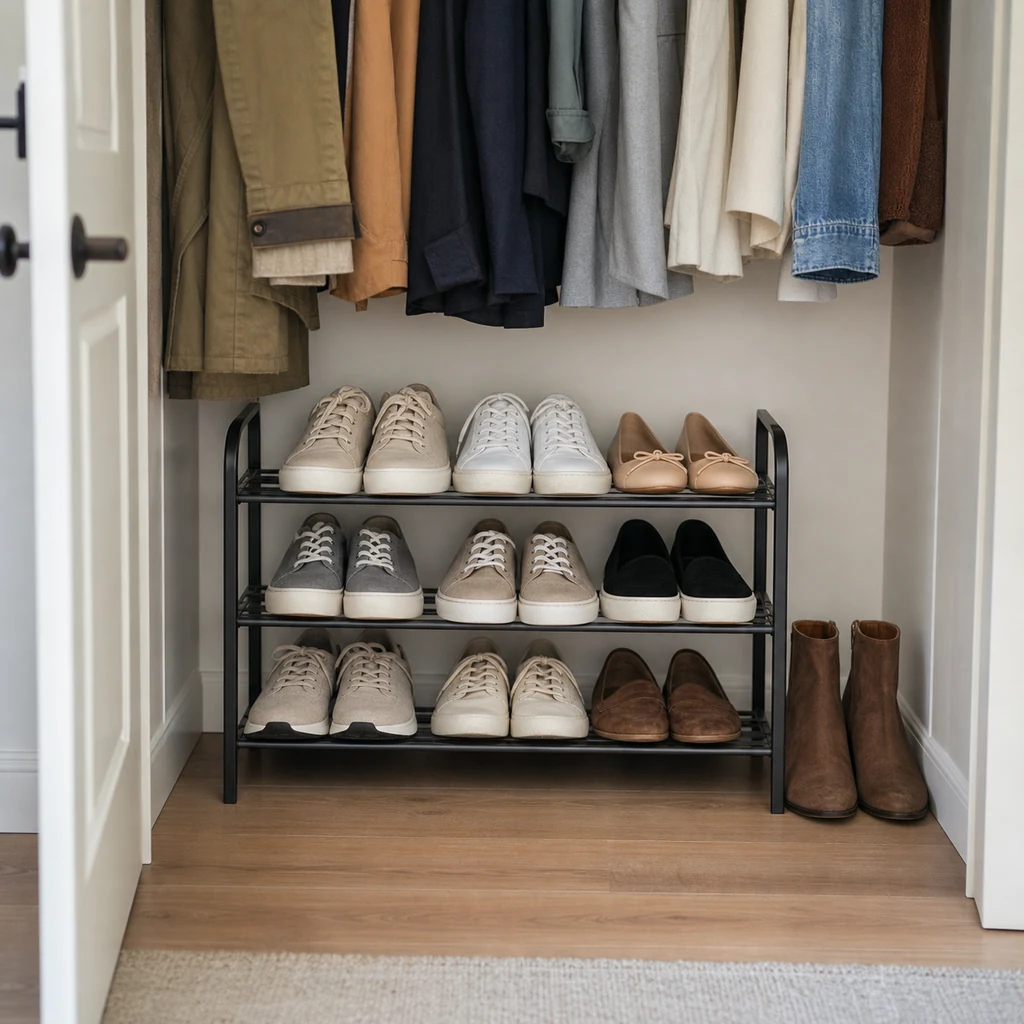 Shoes organized visibly on a narrow vertical rack inside a small closet