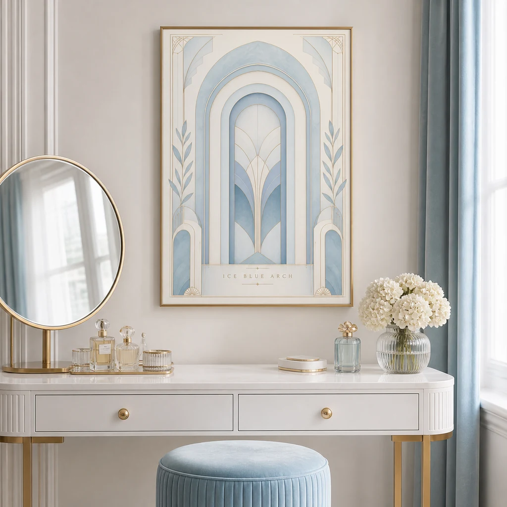 Ice Blue Arch poster in a chic blue vanity corner
