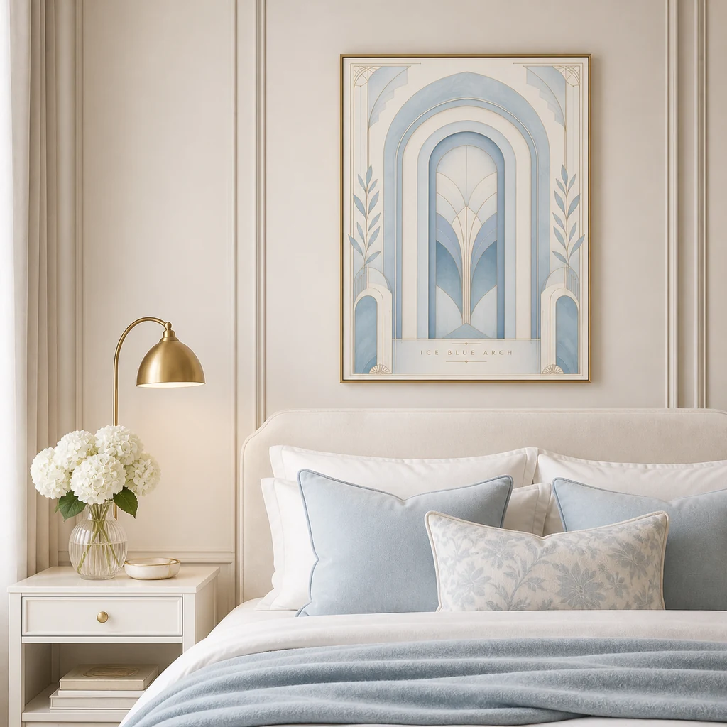 Ice Blue Arch wall art styled in a feminine bedroom