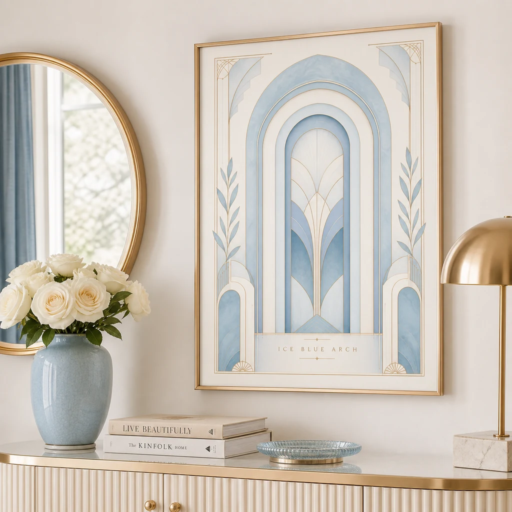 Ice Blue Arch poster above a brass mirror console
