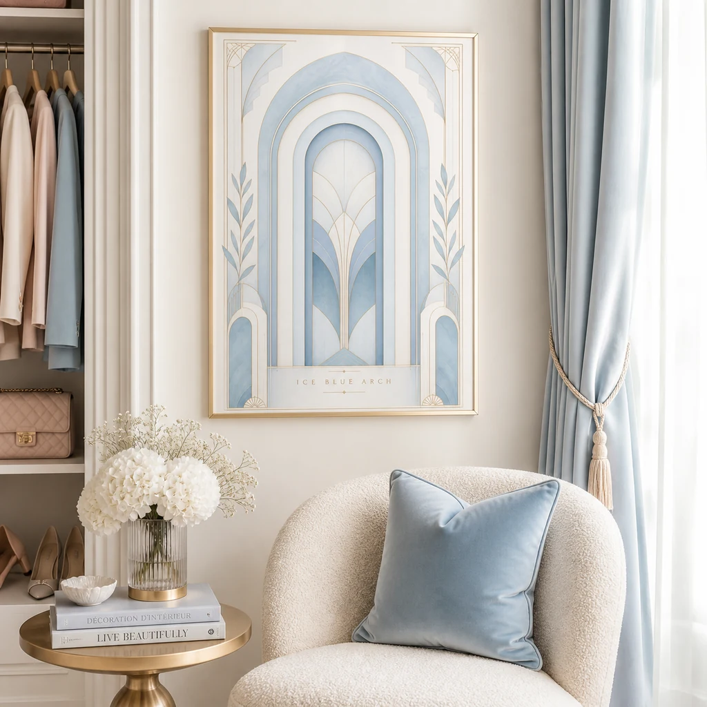 Ice Blue Arch poster in a boutique reading nook