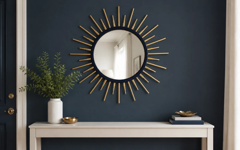 Finished DIY Neo Deco sunburst mirror above a blue console table