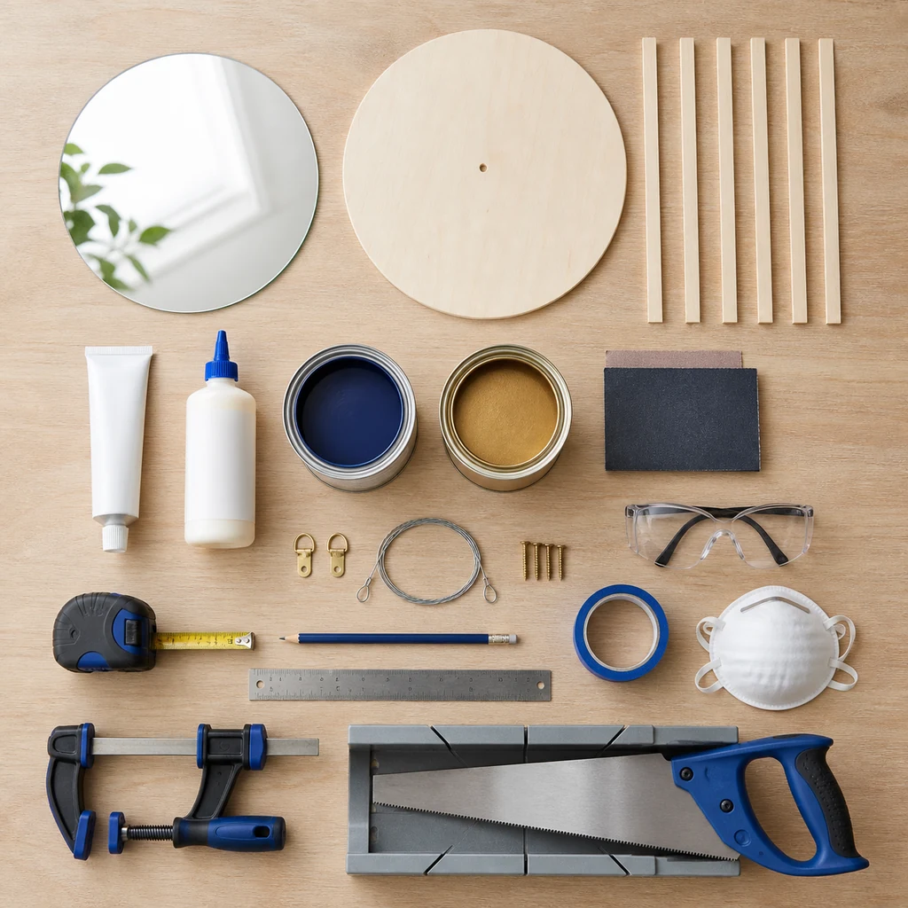 Materials for a DIY Neo Deco sunburst mirror arranged on a worktable