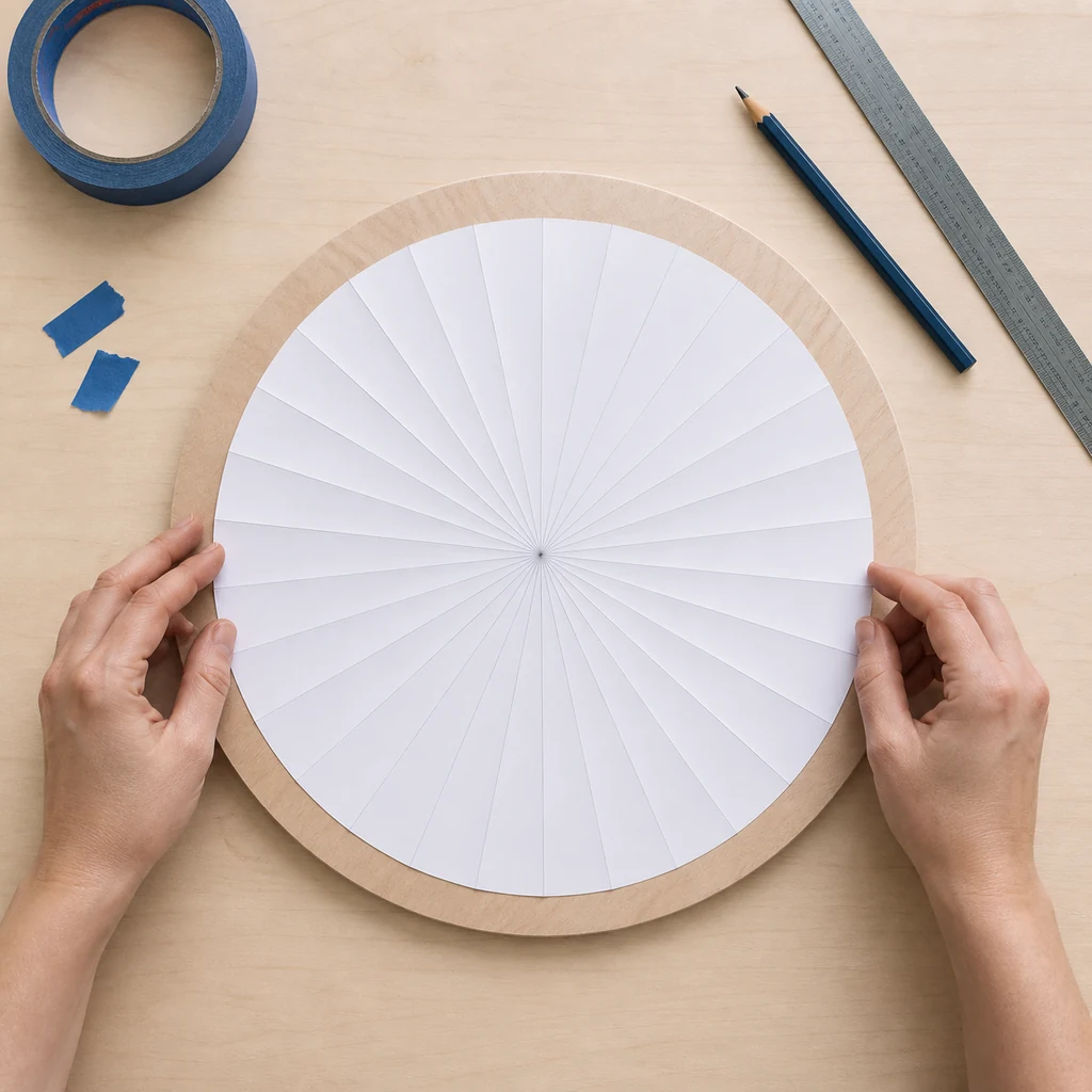 Paper circle with evenly spaced radial lines aligned on a plywood disk