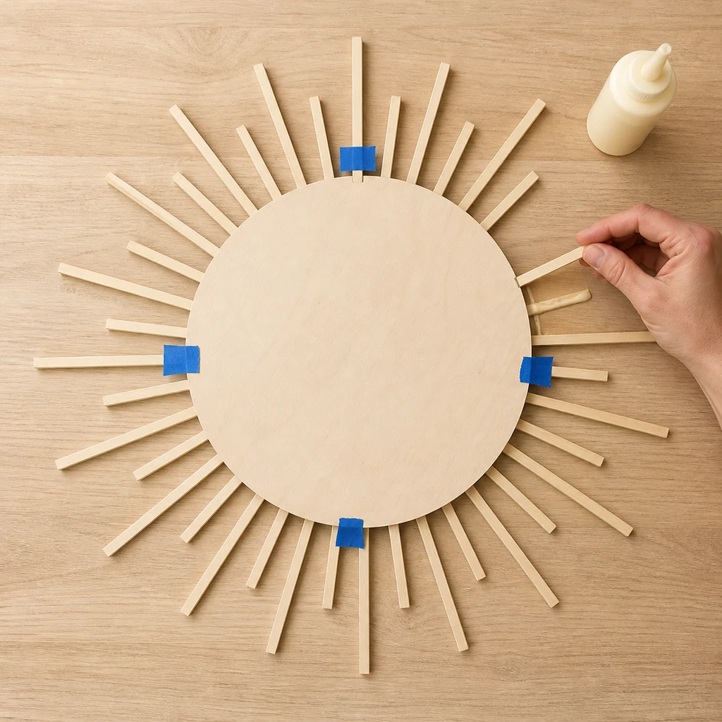 Alternating long and short wood rays glued to the back of a round plywood disk