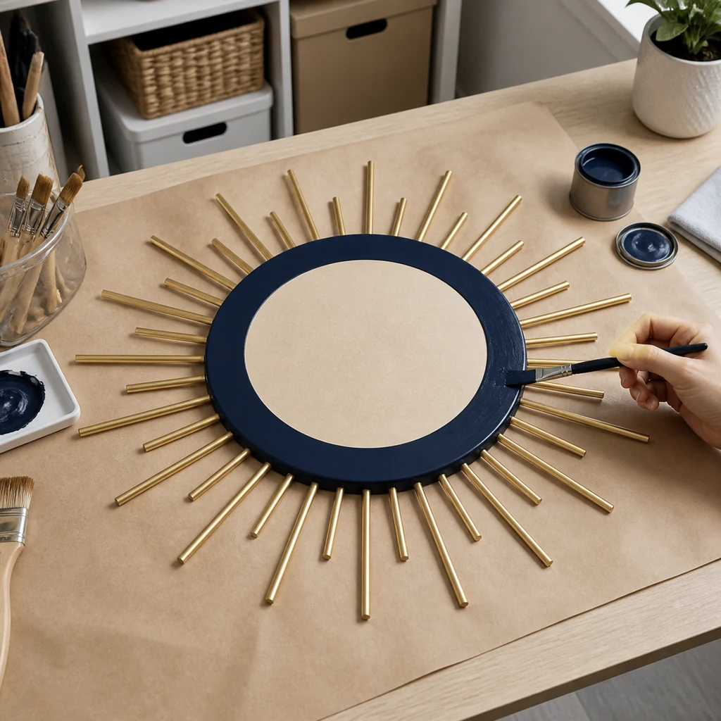 Wood sunburst rays painted brass beside a navy plywood mirror backing