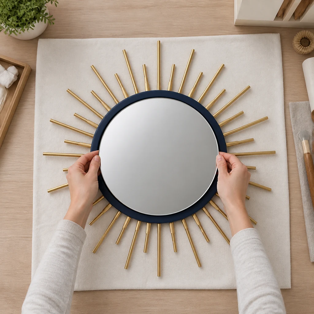 Round mirror centered on a navy plywood disk with brass sunburst rays