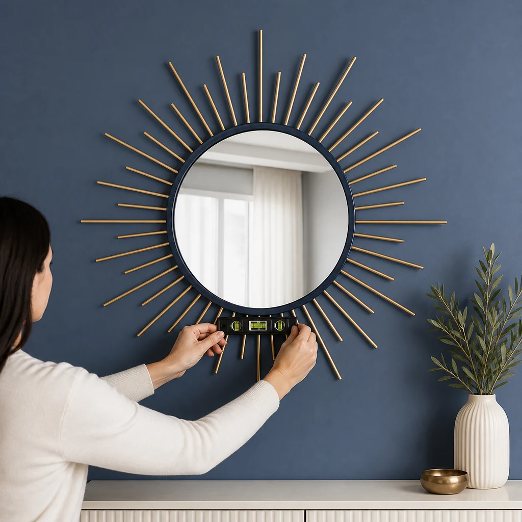Person leveling a finished brass and navy sunburst mirror on a wall