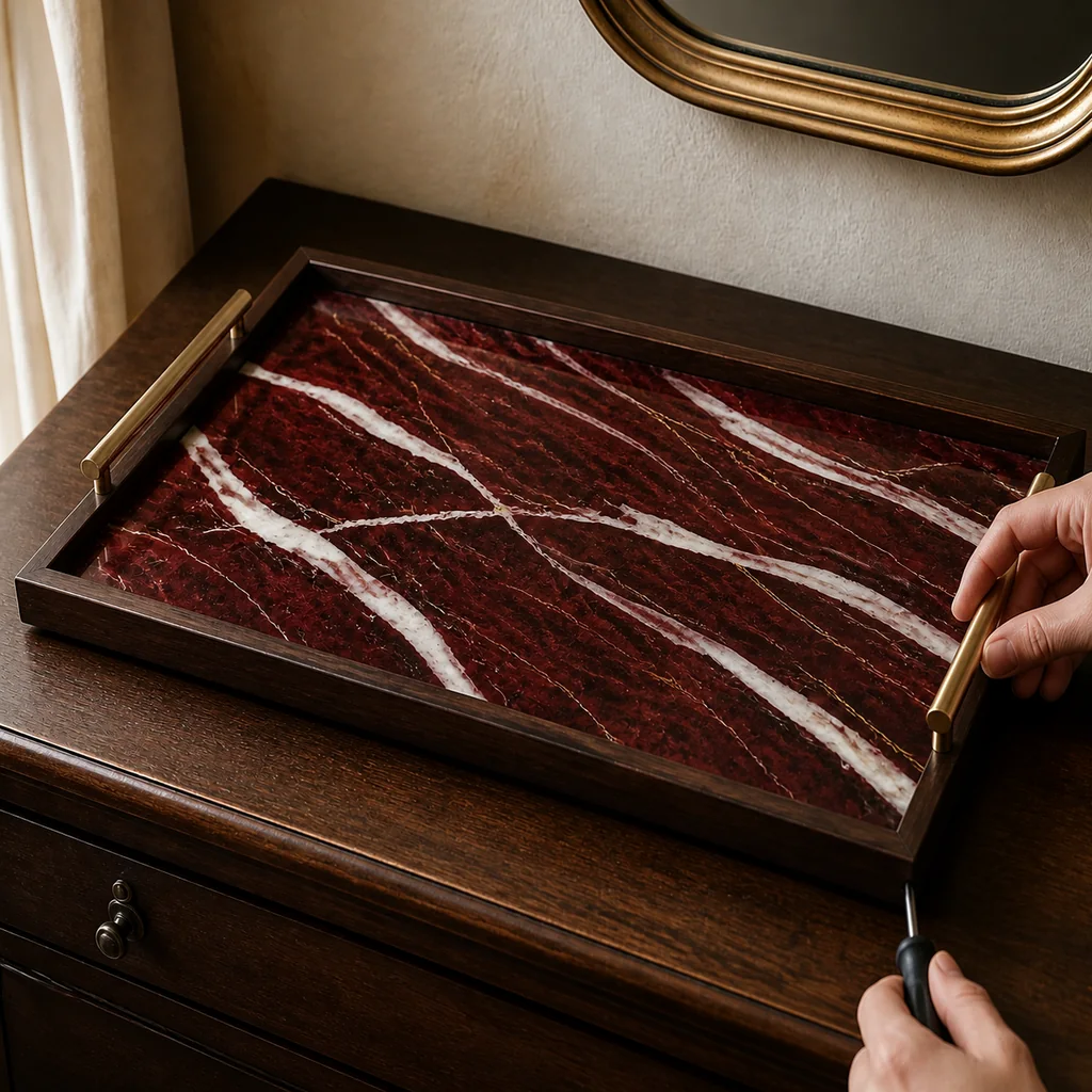 Two brushed brass bar handles installed on the finished faux red marble vanity tray.