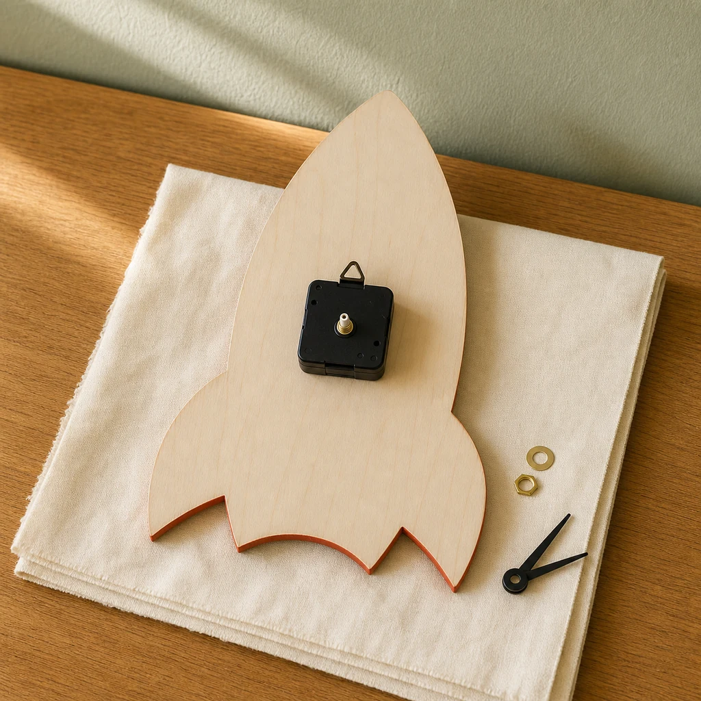 Install a quartz movement behind a wooden rocket clock