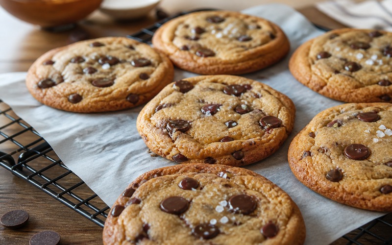 Jacques Torres secret chocolate chip cookies with melted chocolate disks and sea salt