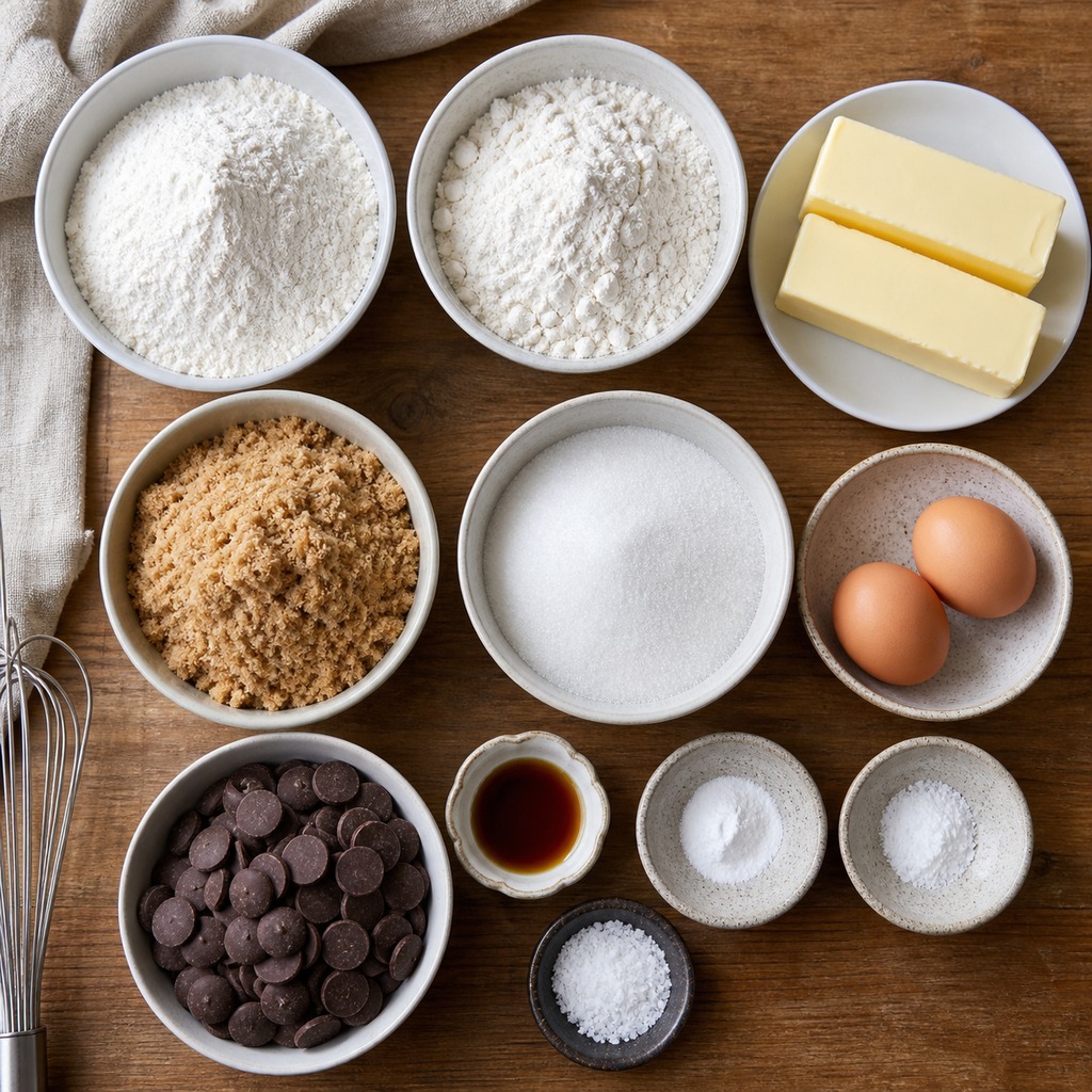 Ingredients for Jacques Torres secret chocolate chip cookies arranged on a wooden counter