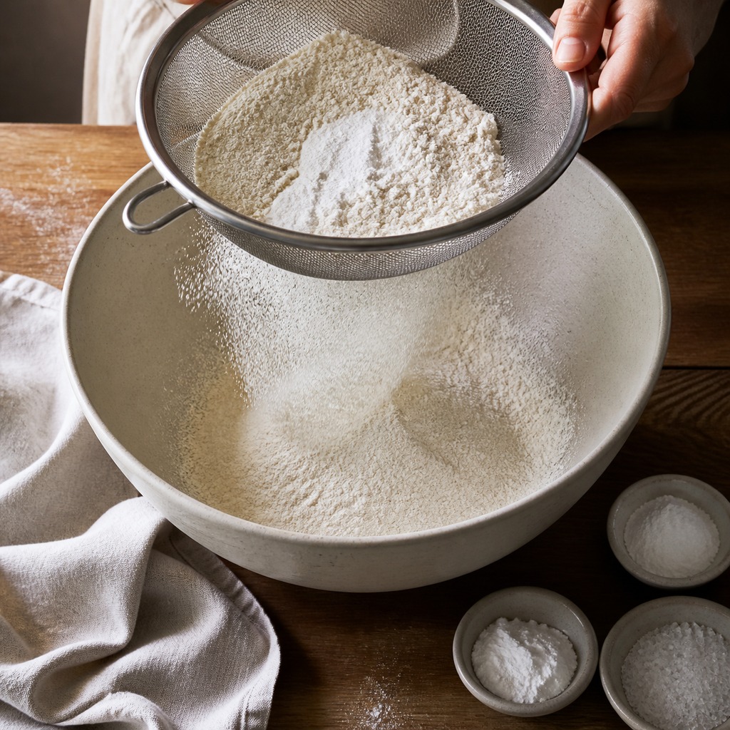 Cake flour, bread flour, baking soda, baking powder, and coarse salt sifted together