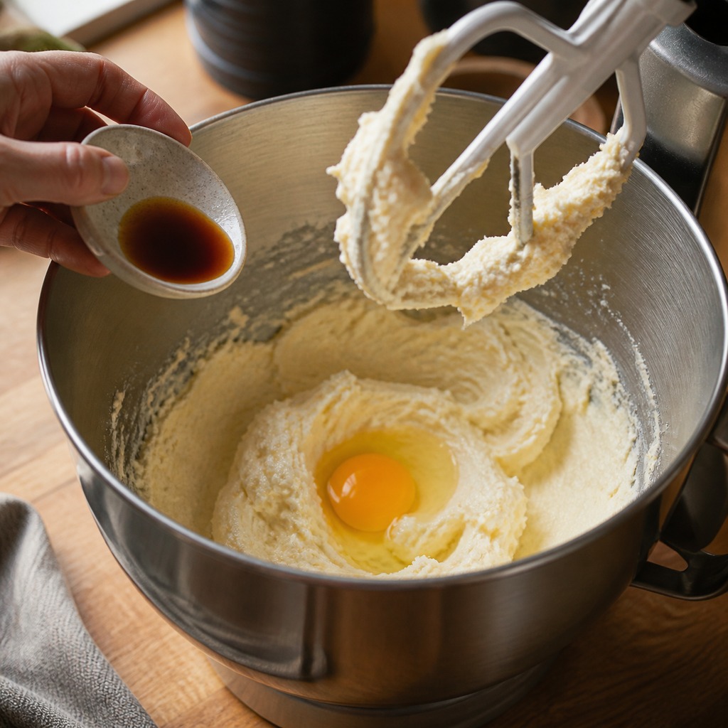 Egg and vanilla added to the creamed cookie dough mixture