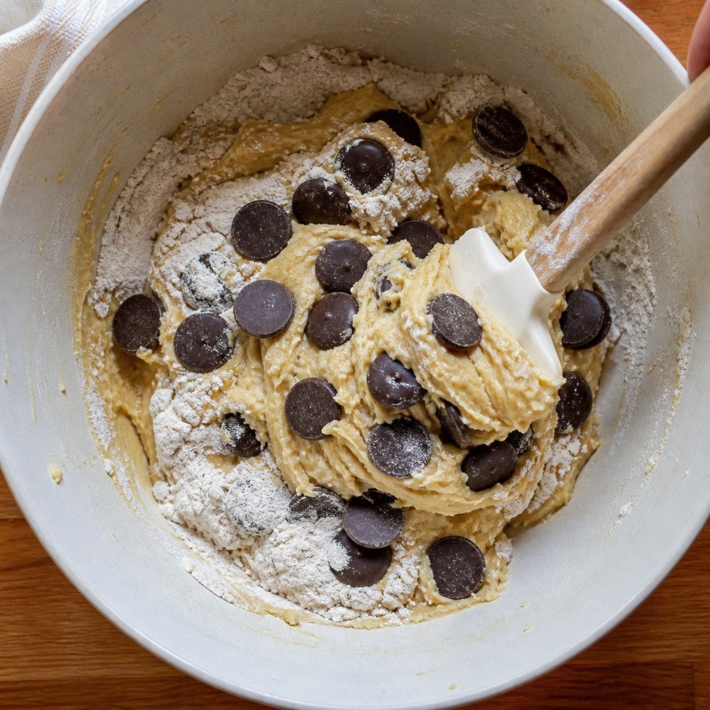 Bittersweet chocolate disks folded into pale chocolate chip cookie dough